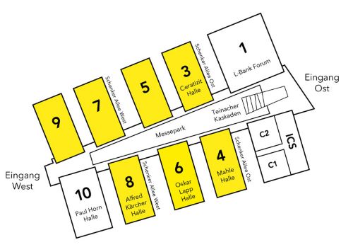 Gelaendeplan der Messe Stuttgart: Die Hallen 3-9 liegen nahe dem Eingang West. Die Hallen 9, 7, 5 und 3 liegen, vom Eingang West aus, auf der linken Seite in dieser Reihenfolge. Die Hallen 8, 6 und 4 liegen, vom Eingang West aus, auf der rechten Seite in dieser Reihenfolge.