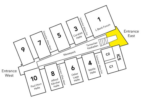 Site plan Messe Stuttgart: The Atrium is located in the basement of the Entrance East.