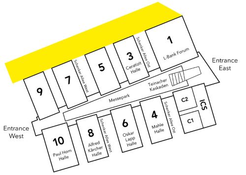 Site plan Messe Stuttgart: The outdoor area is located on the northern side of the trade fair center grounds with direct access to Halls 1, 3, 5, 7 and 9.