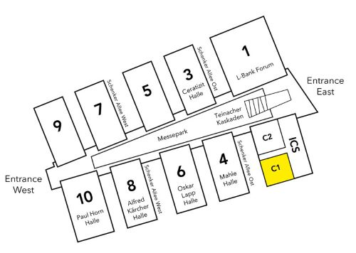 Site plan Messe Stuttgart: The ICS congress hall C1 is located to the left of the Entrance East on the ground floor of the ICS International Congress Center Stuttgart. It is the leftmost of the two halls from the Entrance East.