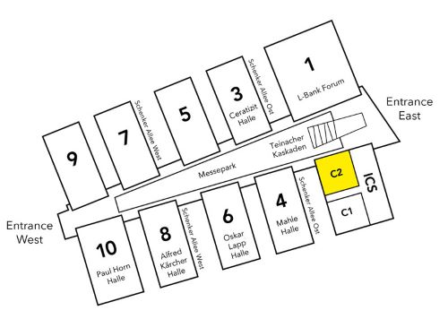 Site plan Messe Stuttgart: The ICS congress and exhibition hall C2 is located to the left of the Entrance East on the ground floor of the ICS International Congress Center Stuttgart. It is the right-hand hall from the Entrance East.