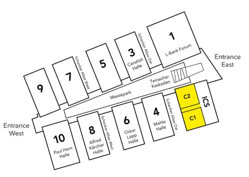 Site plan Messe Stuttgart: The ICS conference area is located to the left of the Entrance East on the upper floor of the ICS International Congress Center Stuttgart.