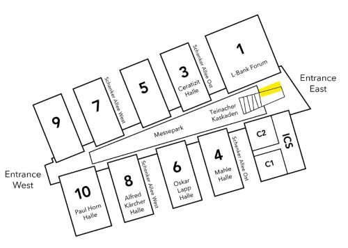 Site plan Messe Stuttgart: The press center is located at the Entrance East on the upper floor on the right-hand side.