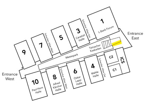 Site plan Messe Stuttgart: The VIP-Lounge is located at the Entrance East on the upper floor on the left-hand side.