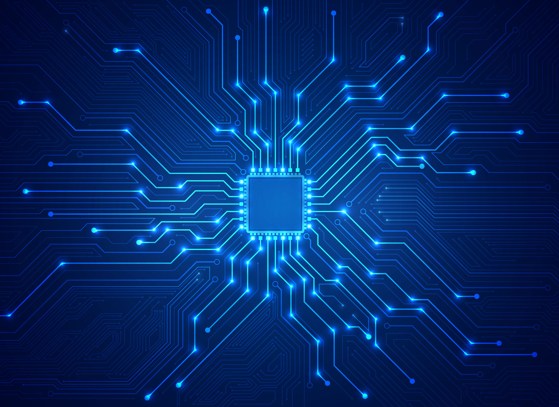 Leuchtend blaue Leiterbahnen auf einer Platine, die einen Mikrochip umgeben – ein Symbol für Innovation in der Mikroelektronik und die digitale Zukunft.